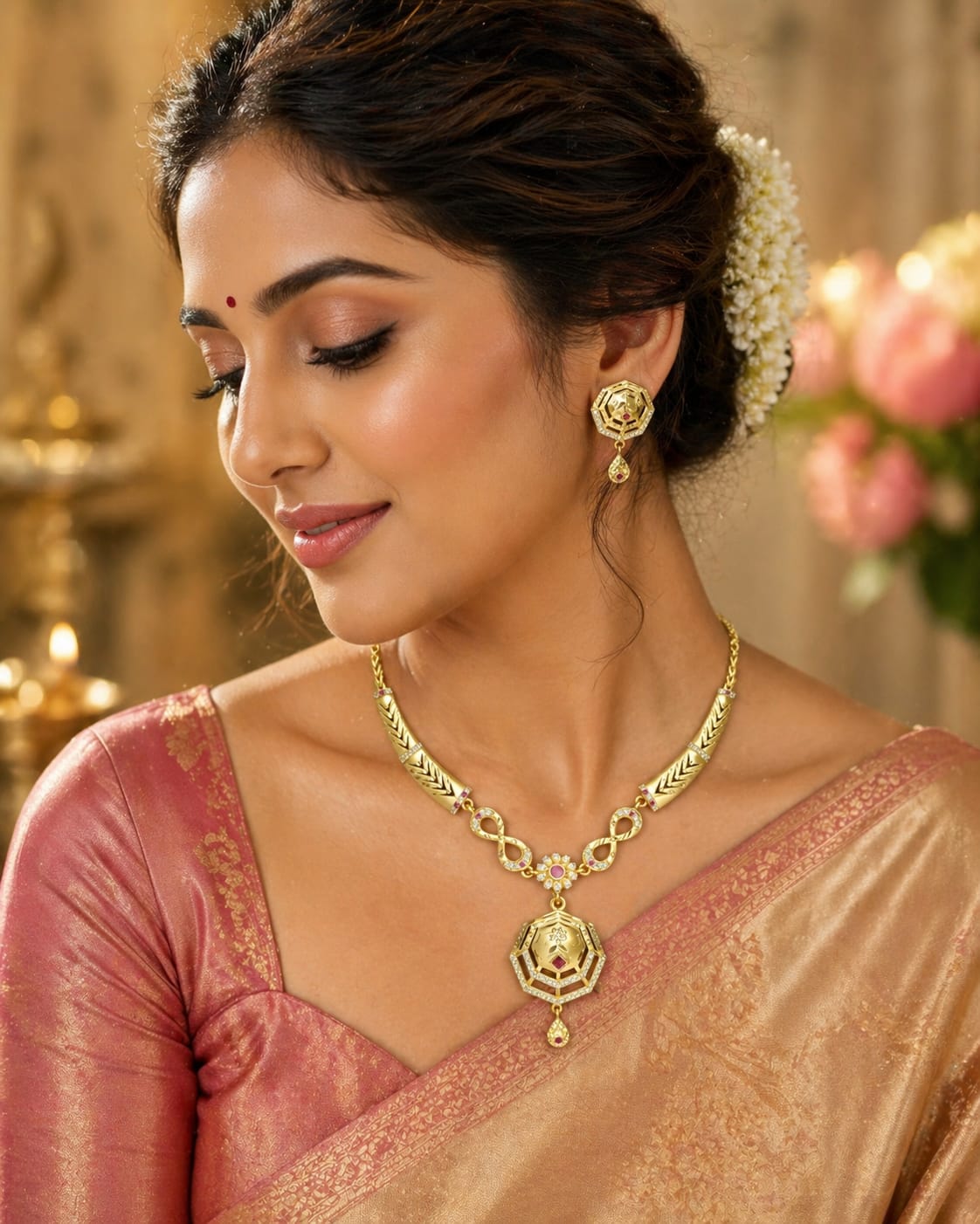 Royal Lotus Temple Necklace & Earring Set